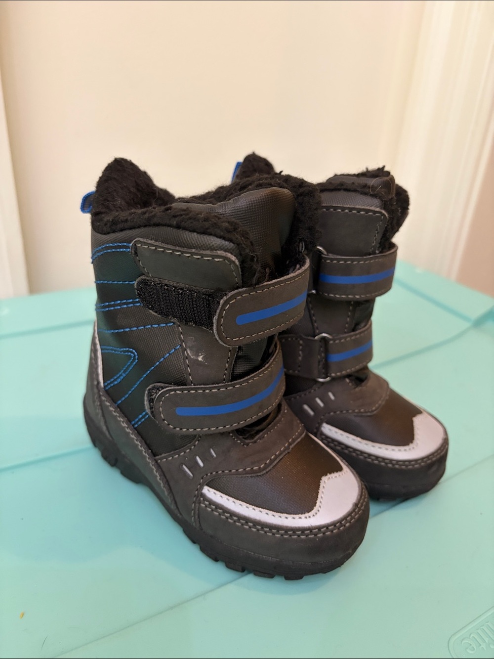 Kids Black and Blue Winter Boots with Faux Fur Lining